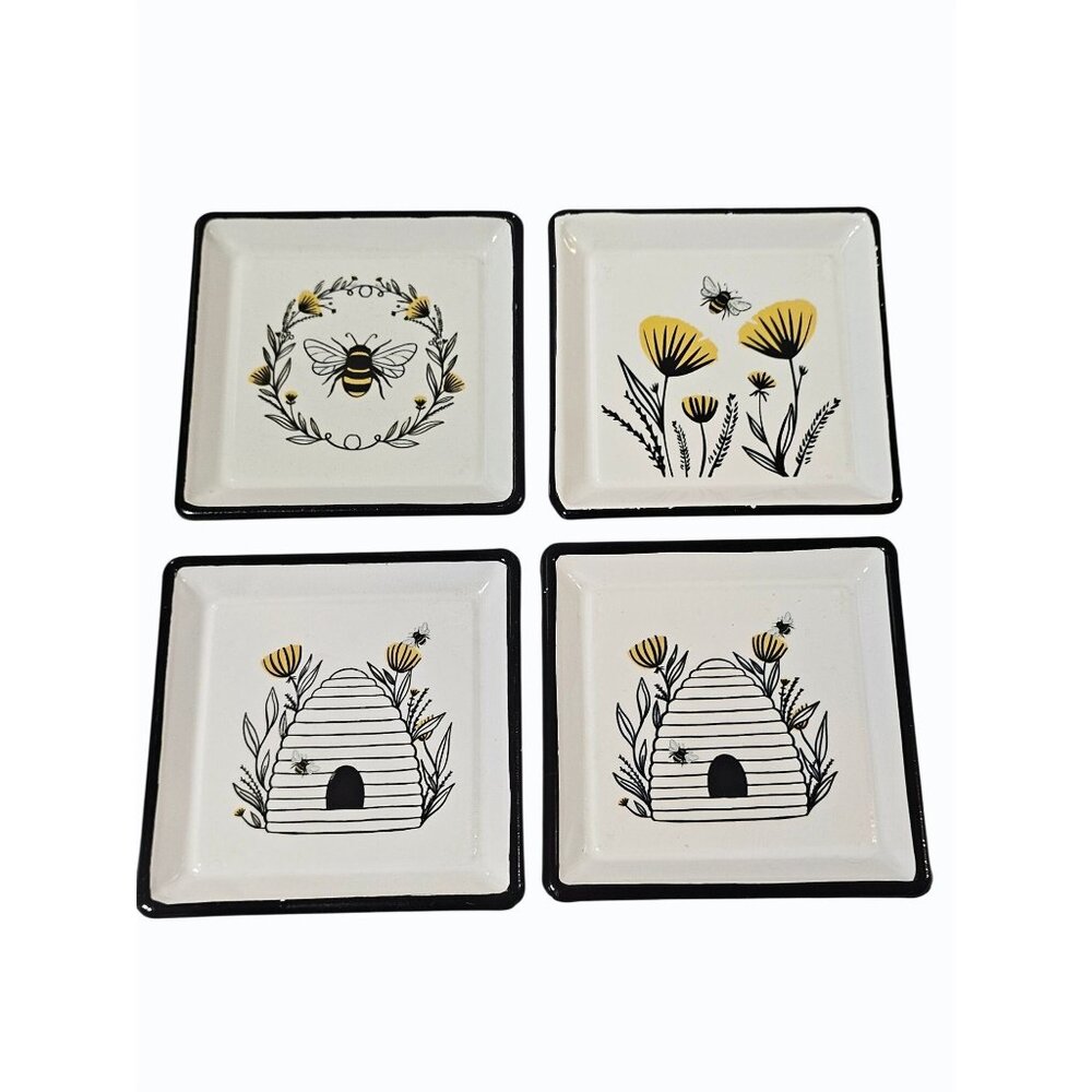 Set of 4 Decorative Metal Square Coaster Set Trinket Ring Dish Bee Hive Floral